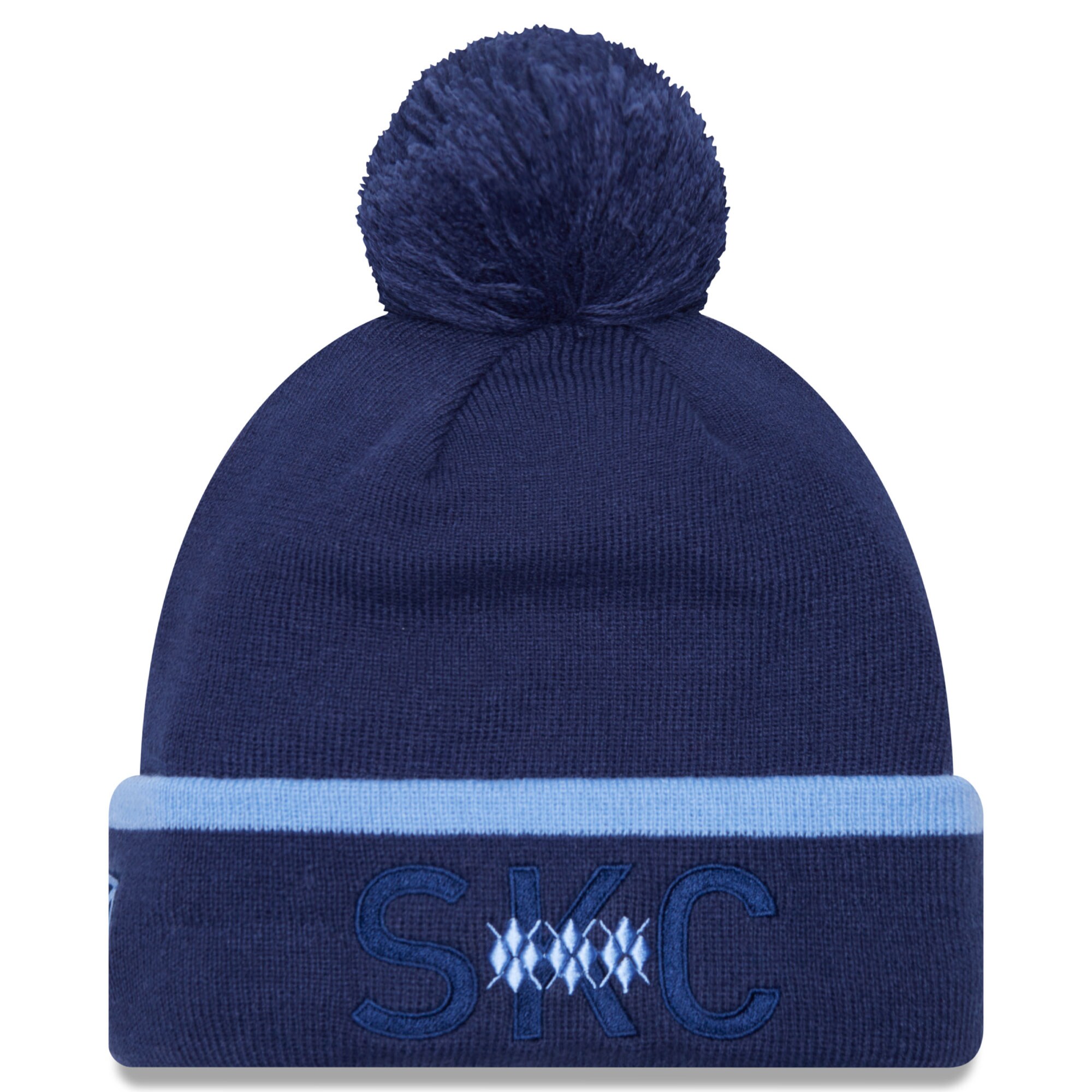 men8217s sporting kansas city new era navy wordmark kick off cuffed knit hat with pom | Inter Miami CF Jerseys, Hats, and MLS Fan Gear
