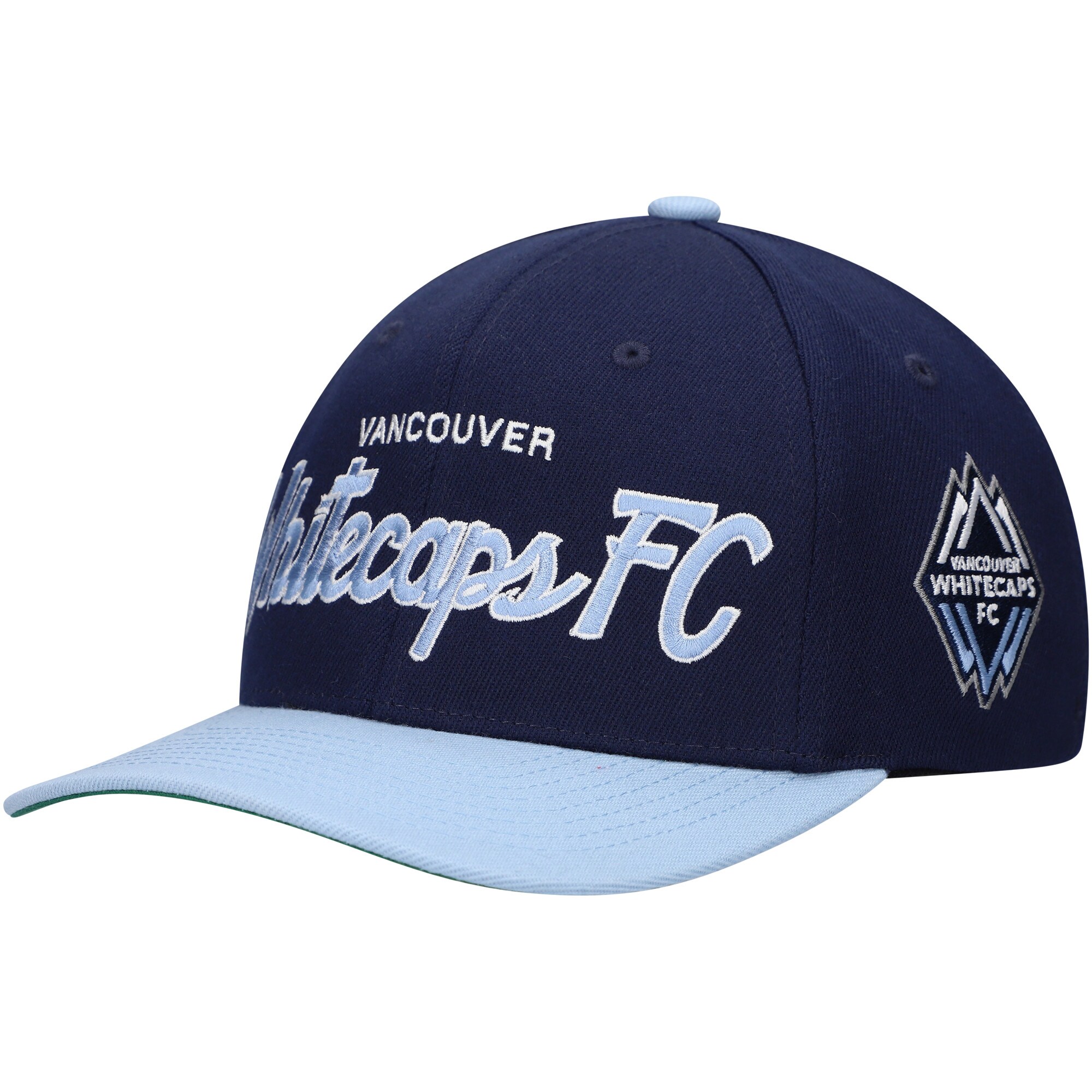 men8217s vancouver whitecaps fc mitchell amp ness deep sea blue team script 2.0 stretch snapback hat | Inter Miami CF Jerseys, Hats, and MLS Fan Gear